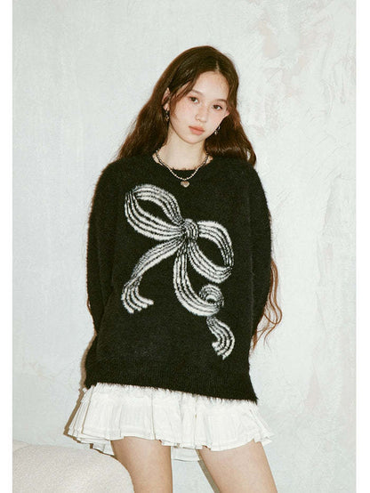 Oversized Bow Fuzzy Knit Crew Neck Sweater