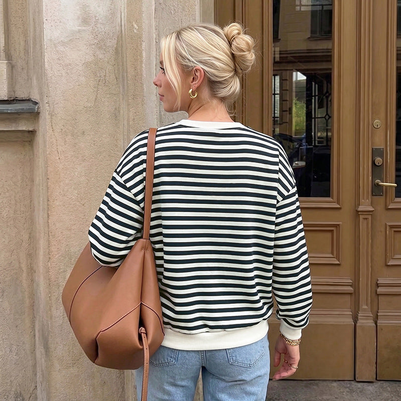 Striped Bow Sweatshirt Crew Neck Oversized Pullover