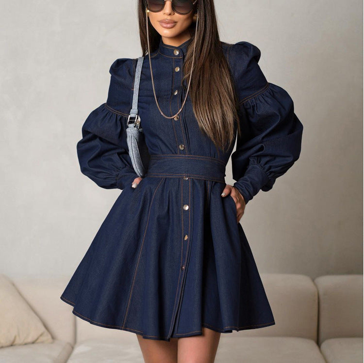Denim Shirt Dress Women Puff Sleeve Belted