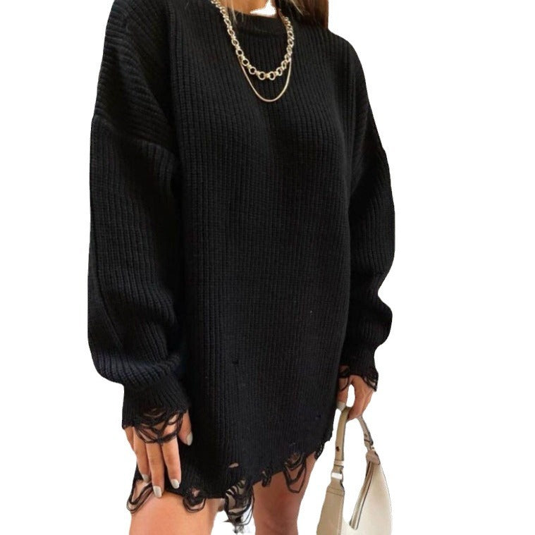 Women's Oversized Distressed Sweater Dress Crew Neck
