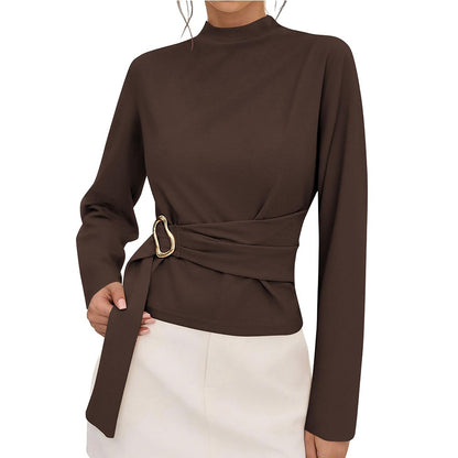 Burgundy Belted Mock Neck Slim Fit Long Sleeve Top