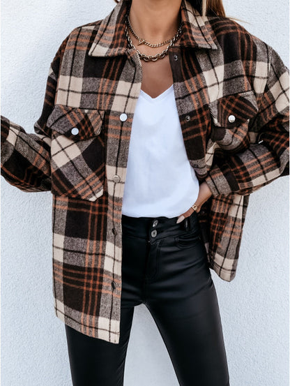 Women's Oversized Plaid Shacket Button Up Jacket