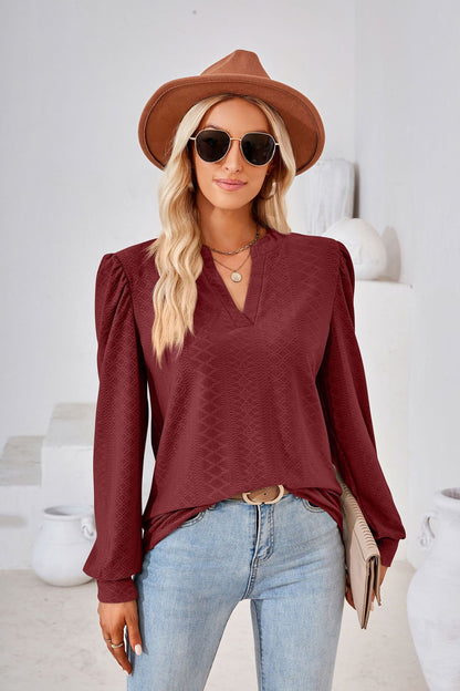 Women's V Neck Puff Sleeve Textured Tunic Top Long Sleeve