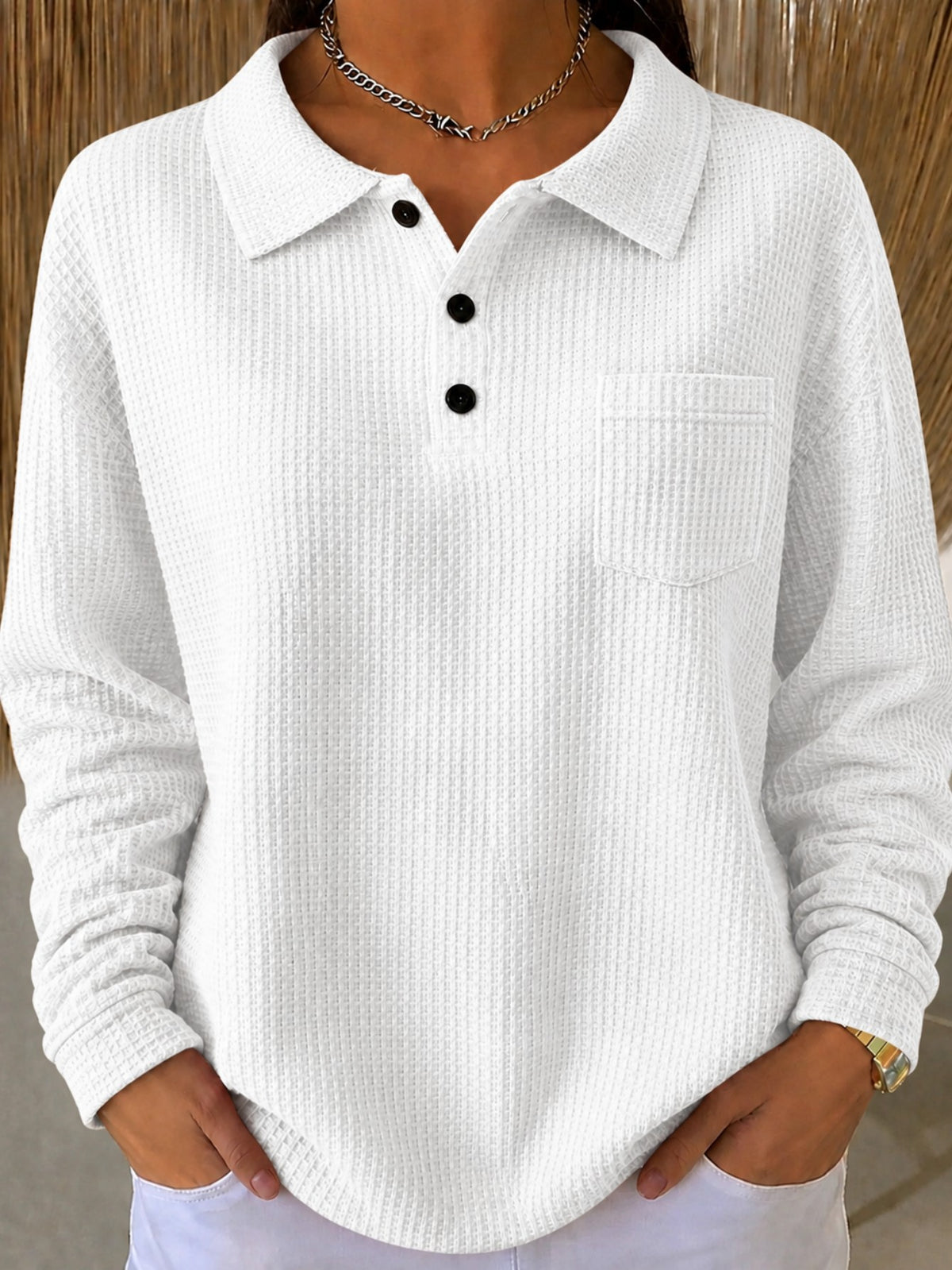Women's Oversized Waffle Knit Collared Pocket Sweatshirt