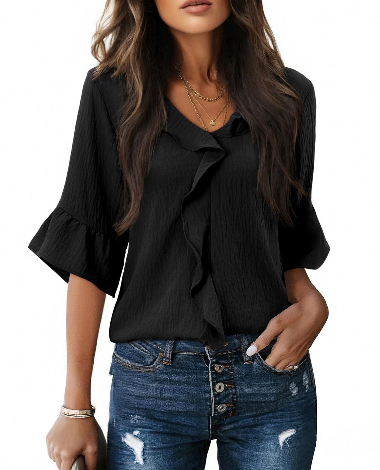 Ruffle V Neck 3/4 Sleeve Textured Blouse Top