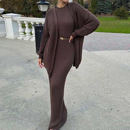 Women's Ribbed Knit Maxi Dress & Cardigan Belted Set