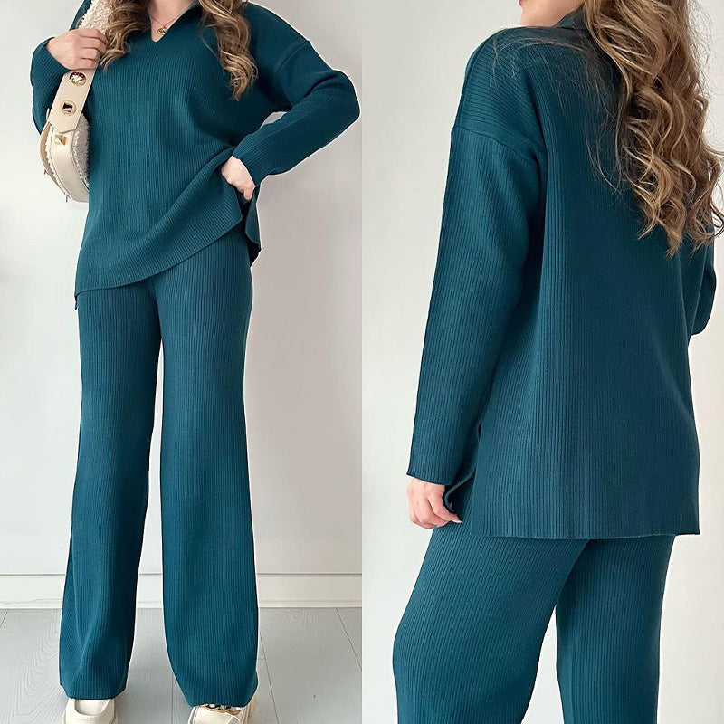 Ribbed Knit Side Slit Lounge Set Wide Leg Pants