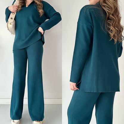 Ribbed Knit Side Slit Lounge Set Wide Leg Pants