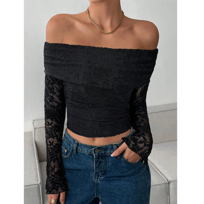 Women's Off Shoulder Floral Lace Backless Long Sleeve Top