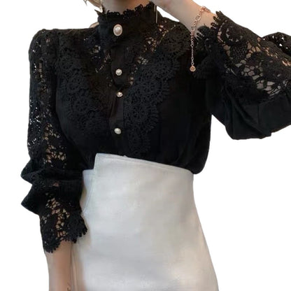 Women's Crochet Lace Floral Bishop Sleeve Blouse