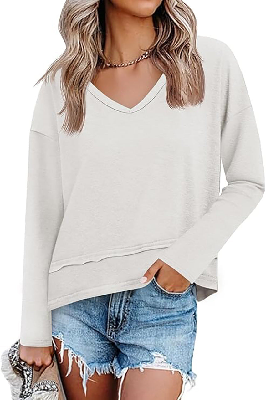 Women's V Neck Long Sleeve Casual Loose Pullover Top