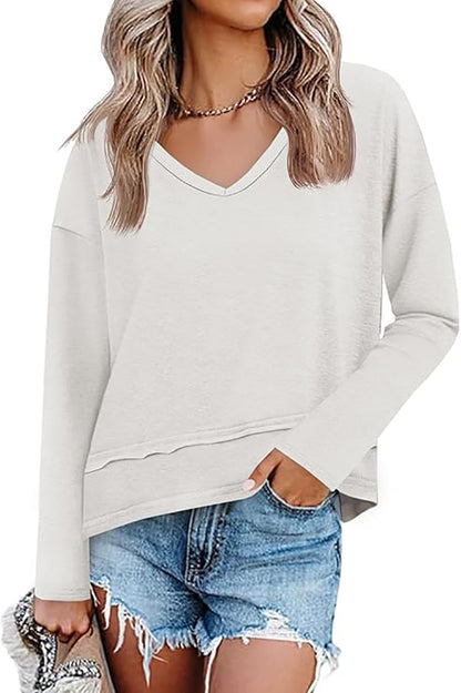 Women's V Neck Long Sleeve Casual Loose Pullover Top