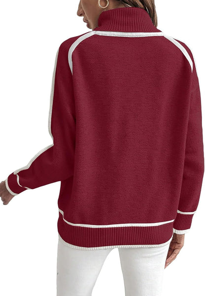 Women's Oversized Turtleneck Sweater Contrast Trim Pullover