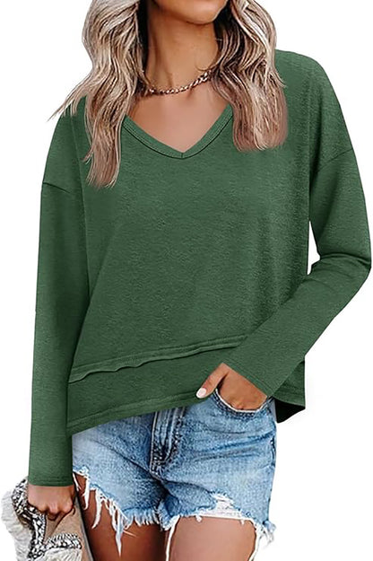 Women's V Neck Long Sleeve Casual Loose Pullover Top