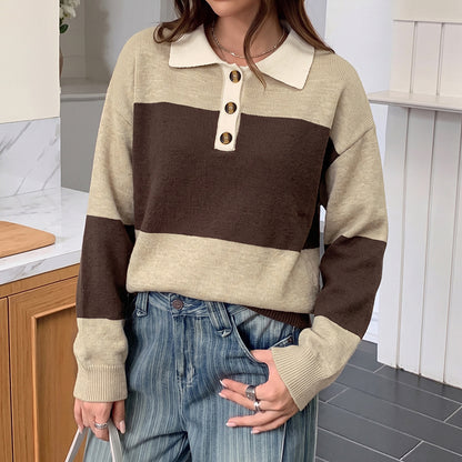Women's Oversized Color Block Polo Sweater Knit Top