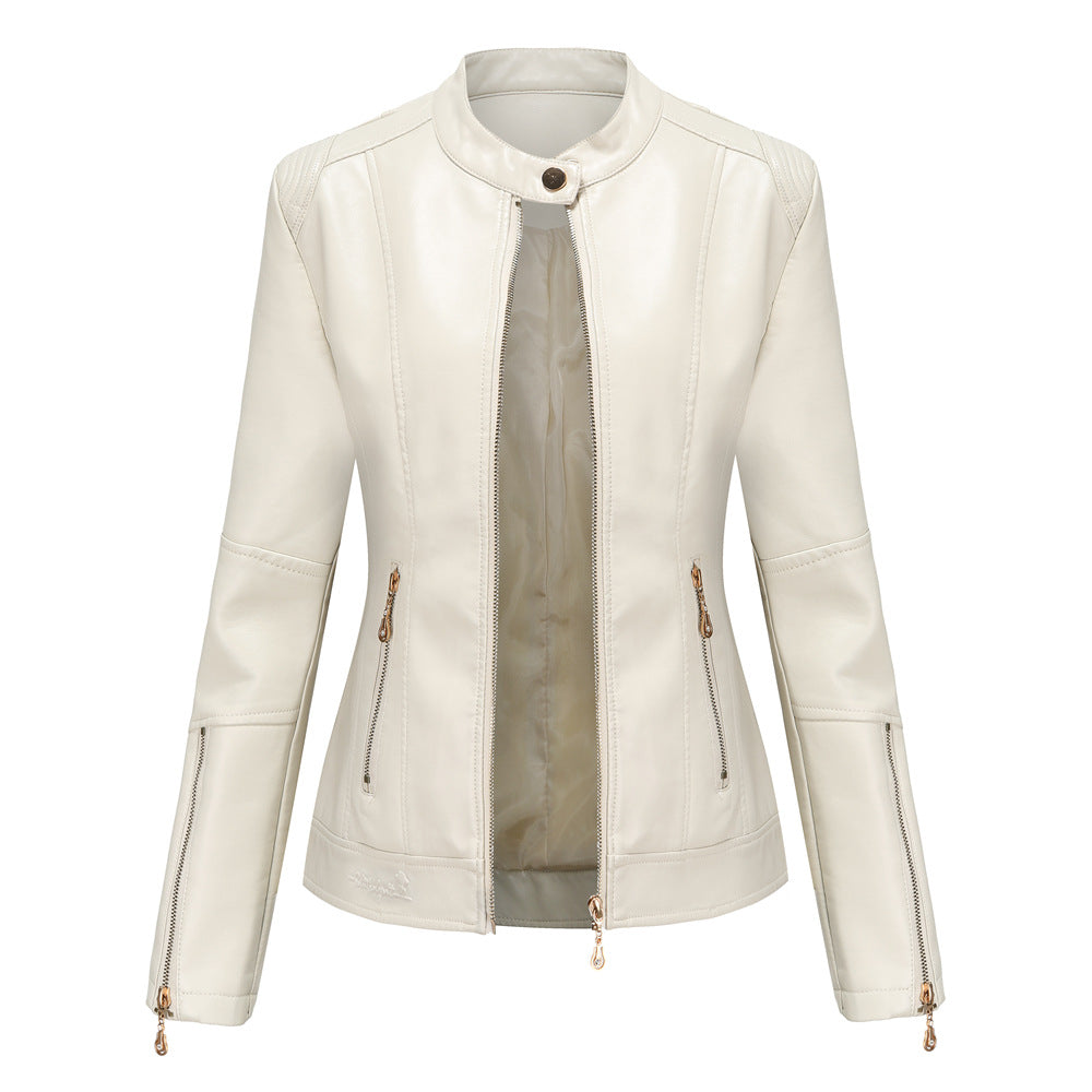 Women's Faux Leather Stand Collar Moto Jacket Zip Up