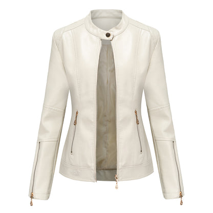 Women's Faux Leather Stand Collar Moto Jacket Zip Up