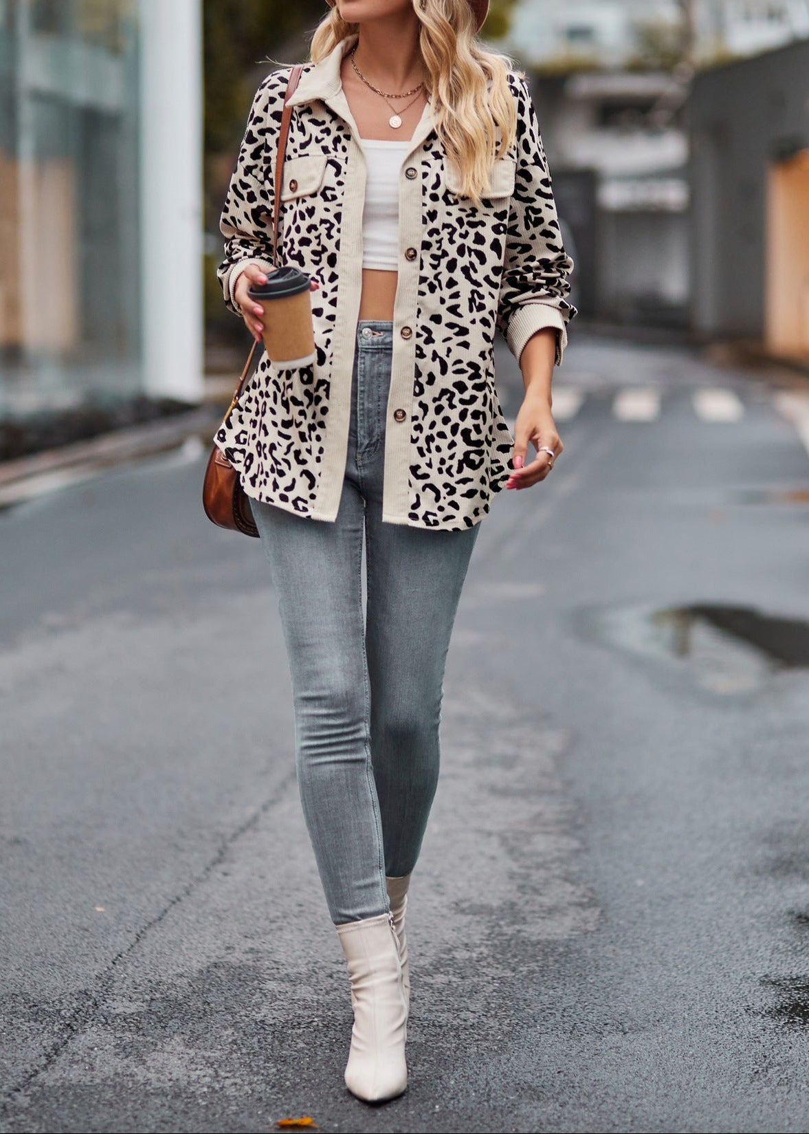 Leopard print corduroy shacket relaxed fit