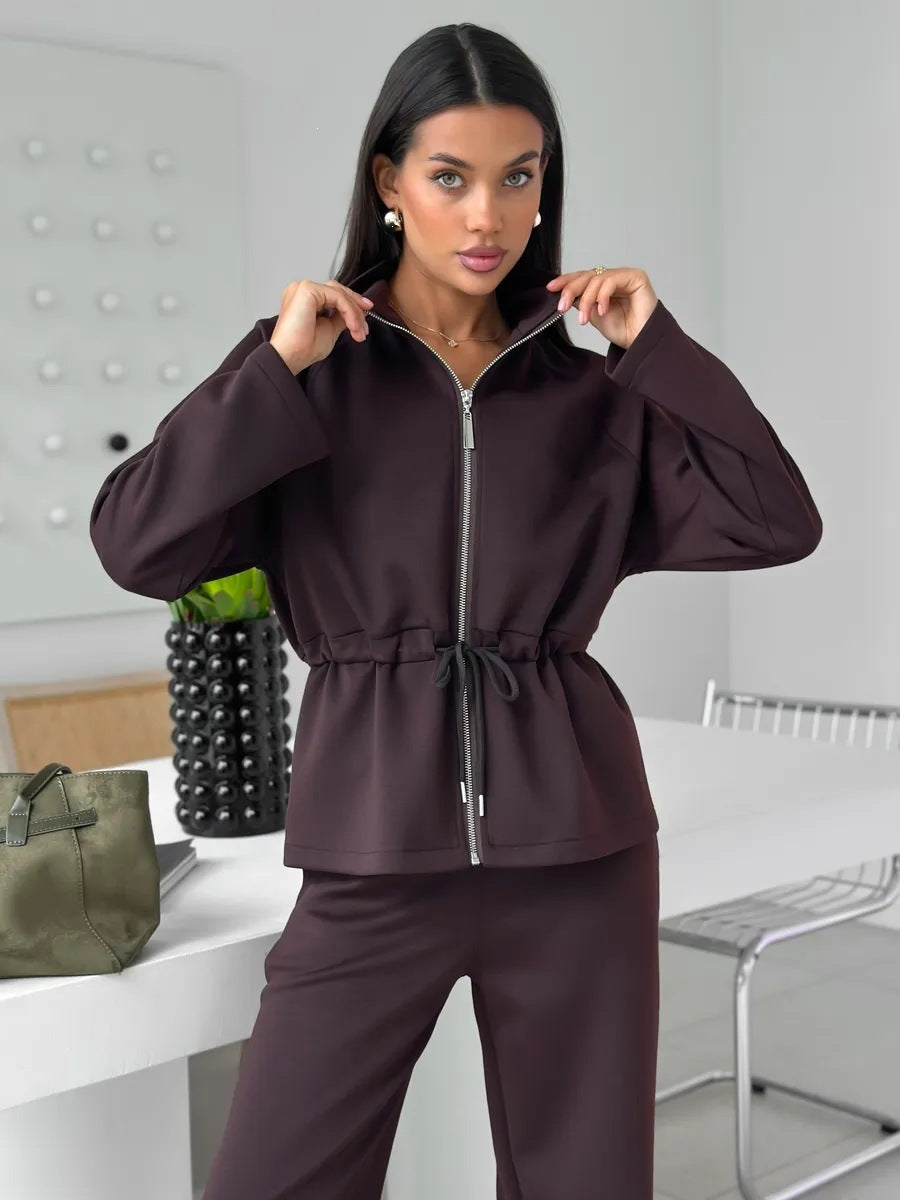 Women's Zip Up Drawstring Jacket Wide Leg Pants Set