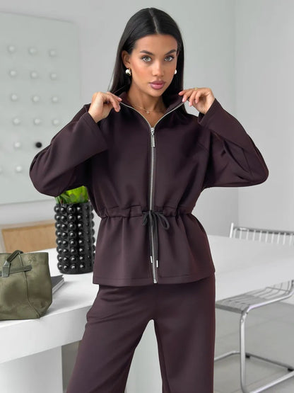 Women's Zip Up Drawstring Jacket Wide Leg Pants Set