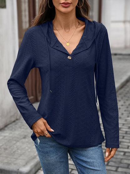 Women's Eyelet Button Hoodie Long Sleeve Tunic Top
