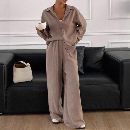 Linen Blend Button Down Shirt Wide Leg Pants Matching Set