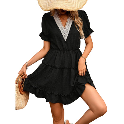 Women's Swiss Dot V Neck Puff Sleeve Tiered Mini Dress