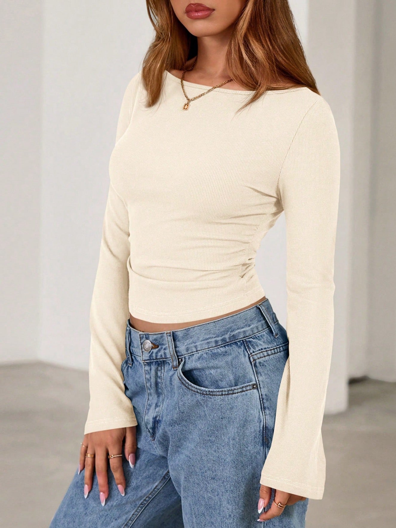 Flare Sleeve Crop Top Y2K Slim Fit Crew Neck Tee