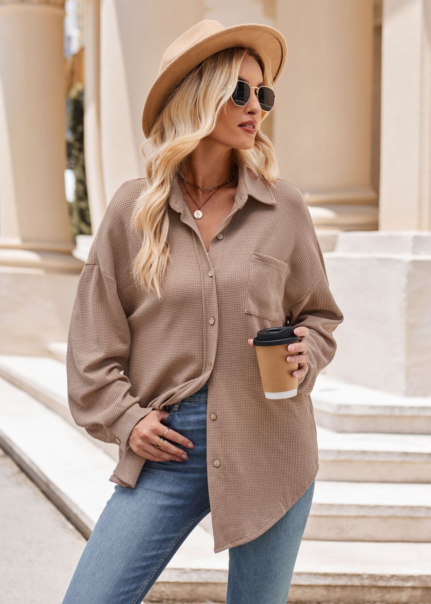 Women’s Casual Loose Fit Button Down Waffle Knit Shirt Jacket