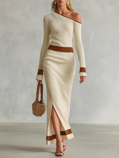 One Shoulder Colorblock Ribbed Knit Maxi Slit Dress