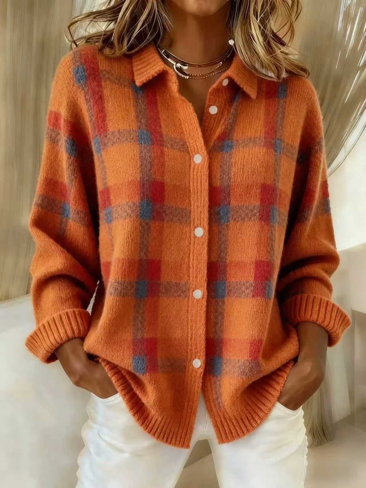 Plaid Collared Button Front Oversized Knit Cardigan