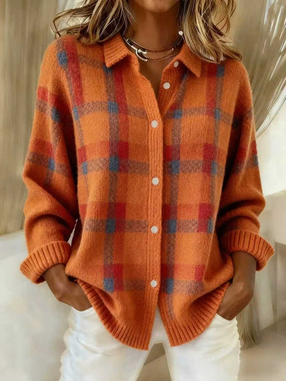 Plaid Collared Button Front Oversized Knit Cardigan