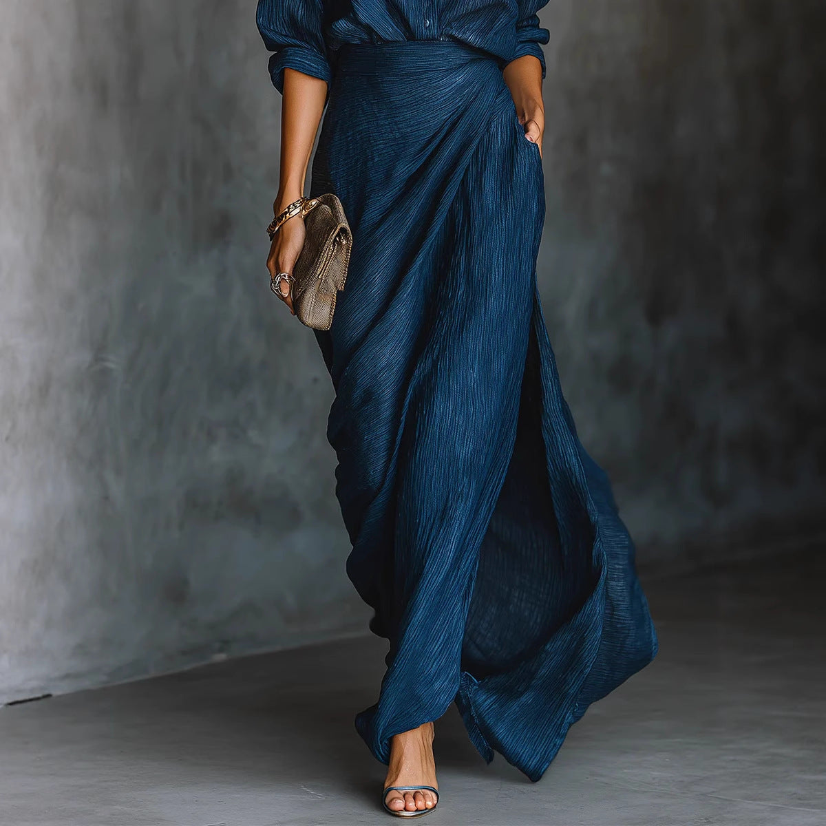 Women's Blazer & Pleated Asymmetric Midi Skirt Two Piece Set