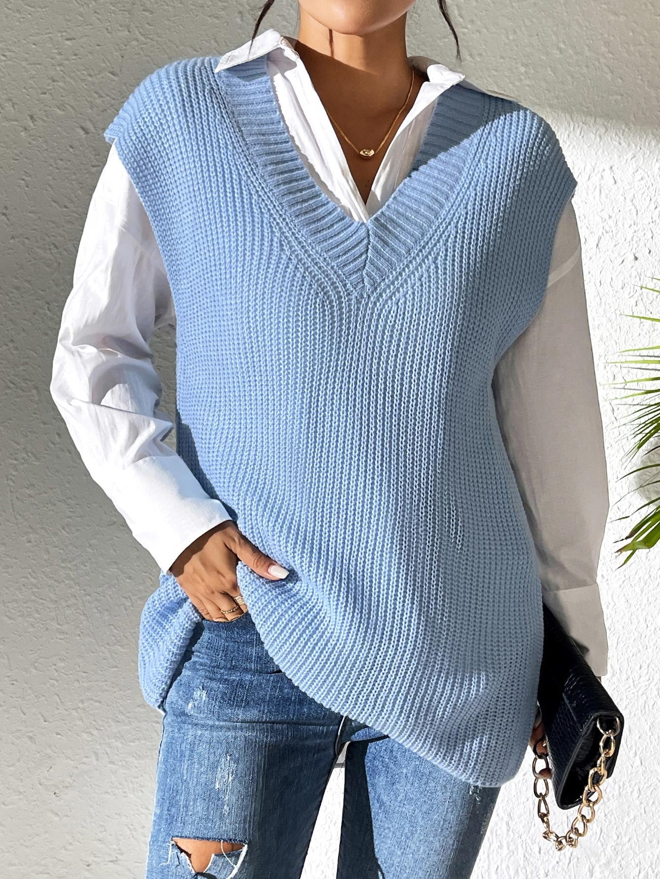 Women's Autumn and Winter Solid Color V-neck Simple Vest Casual Vest