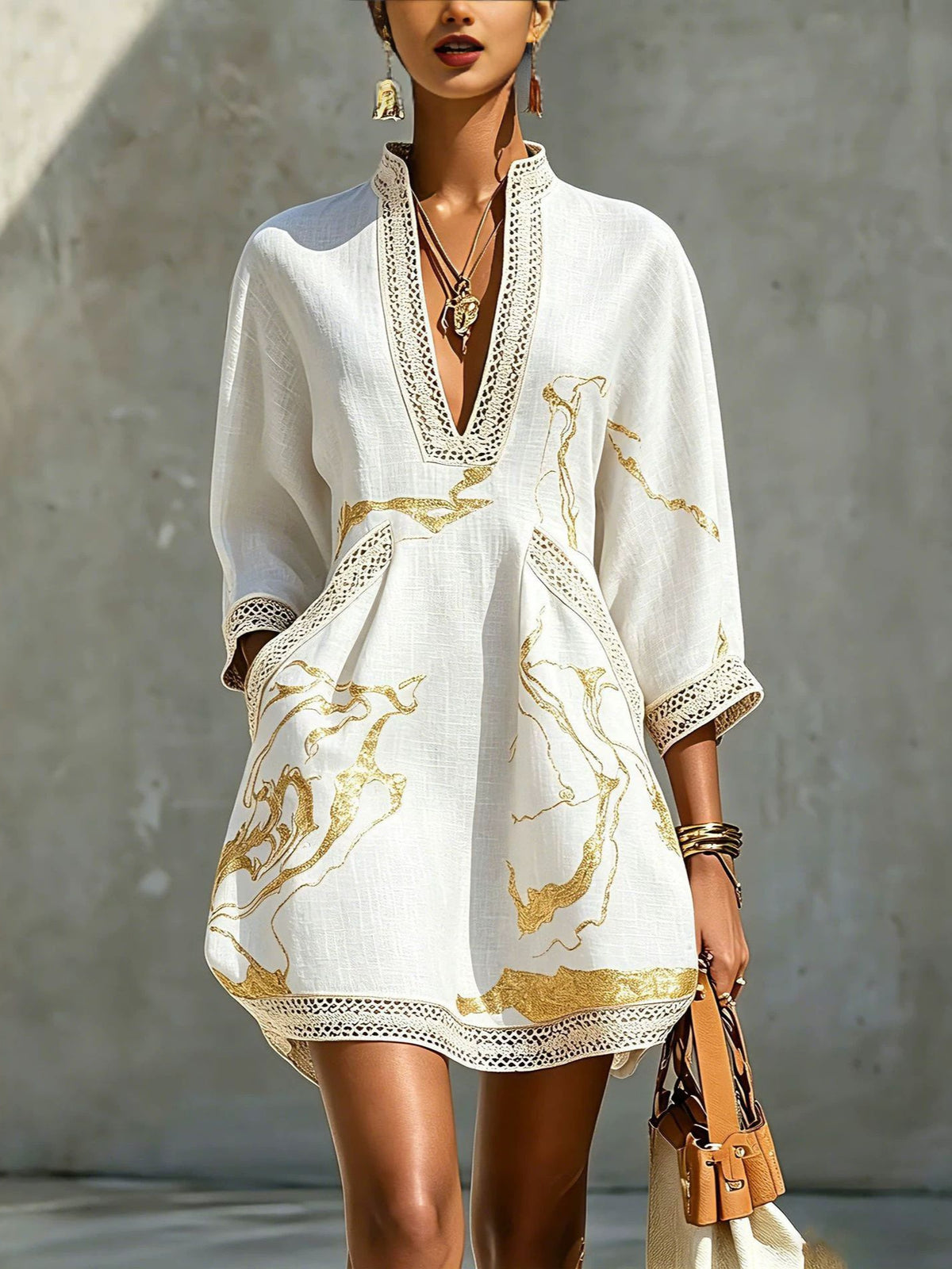 Women's V-Neck Lace Gold Metallic Mini Dress 3/4 Sleeve