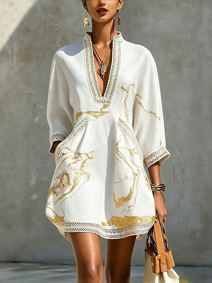 Women's V-Neck Lace Gold Metallic Mini Dress 3/4 Sleeve