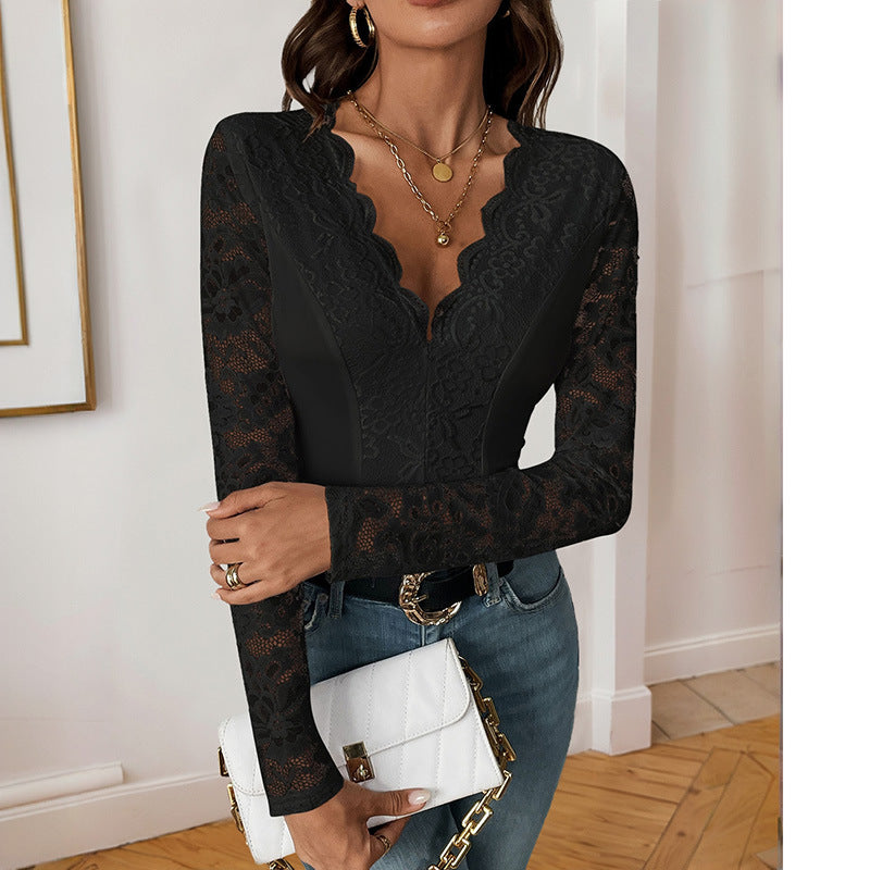 Womens Sexy Lace Bodysuit Deep V Neck Long Sleeve