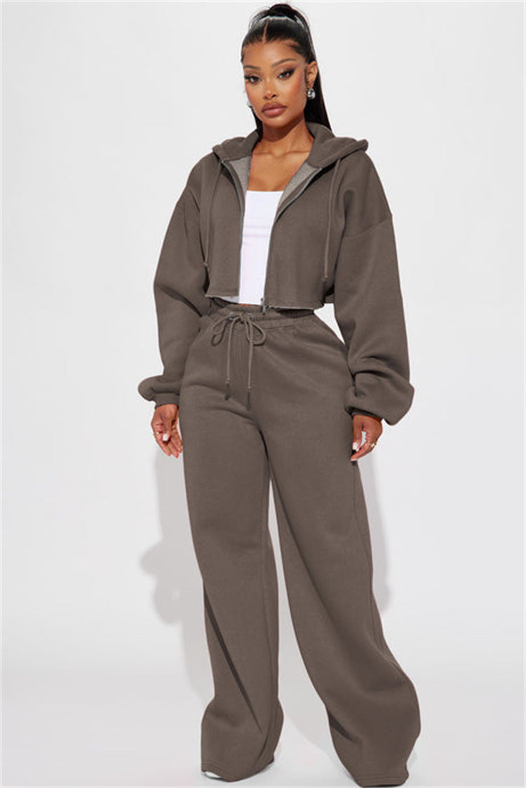 Women's Two Piece Crop Zip Hoodie Wide Leg Sweatpants Set