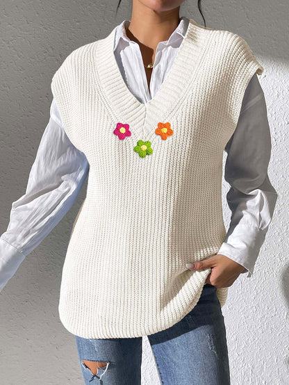 Women's Solid Color V-Neck Hook Splicing Machine Knitted Sweater