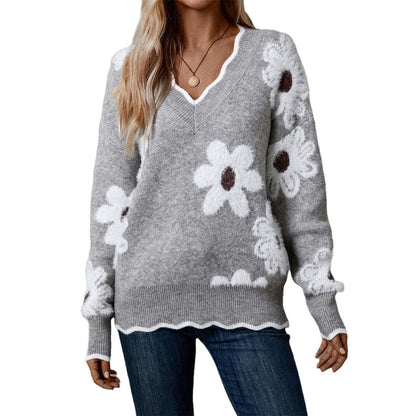 Women's V Neck Floral Fuzzy Pullover Sweater