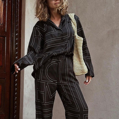 Women Satin Letter Print Lounge Set Button Shirt & Pants