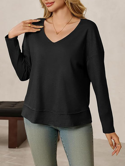 Women's V Neck Long Sleeve Casual Loose Pullover Top