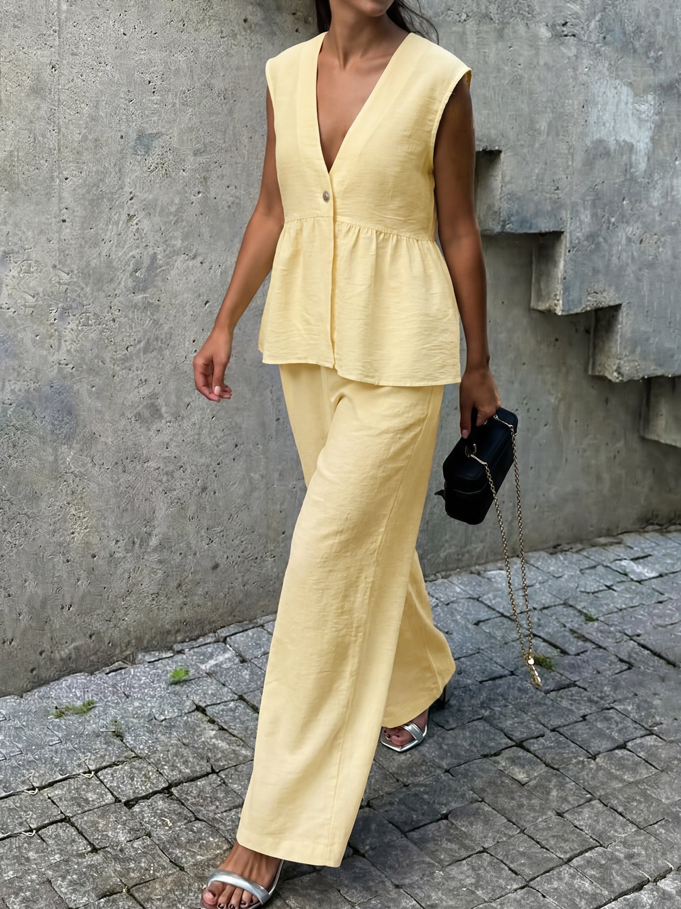 Faux Linen Peplum Vest Wide Leg Pants Matching Set