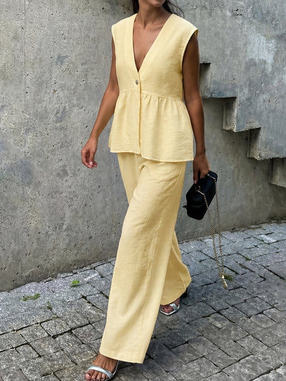 Faux Linen Peplum Vest Wide Leg Pants Matching Set
