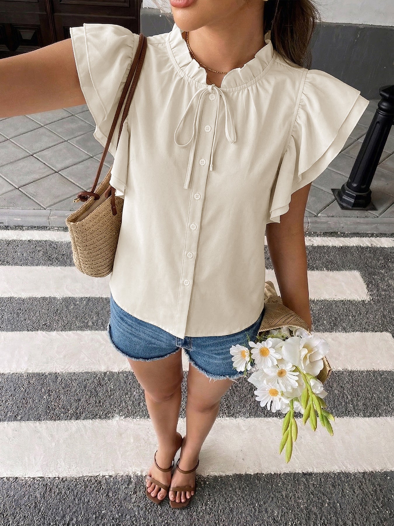 Flutter Sleeve Ruffle Collar Tie Neck Blouse Top