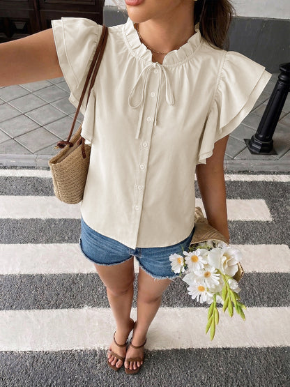 Flutter Sleeve Ruffle Collar Tie Neck Blouse Top
