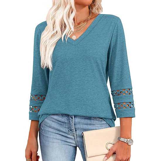 White V-Neck Lace Sleeve Casual Knit Top for Women