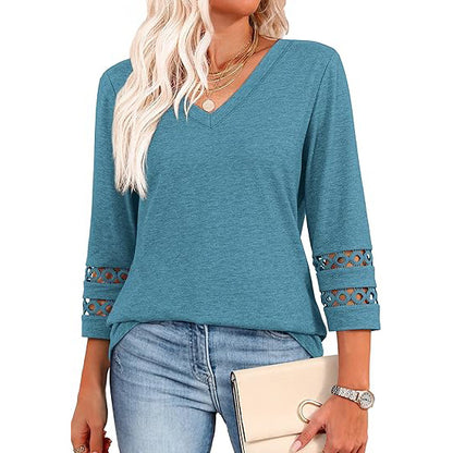 White V-Neck Lace Sleeve Casual Knit Top for Women