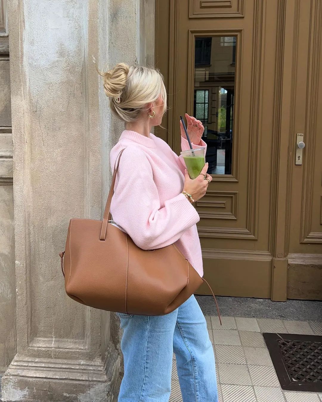 Women's Pink Oversized Crewneck Pullover Sweater