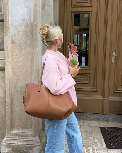 Women's Pink Oversized Crewneck Pullover Sweater